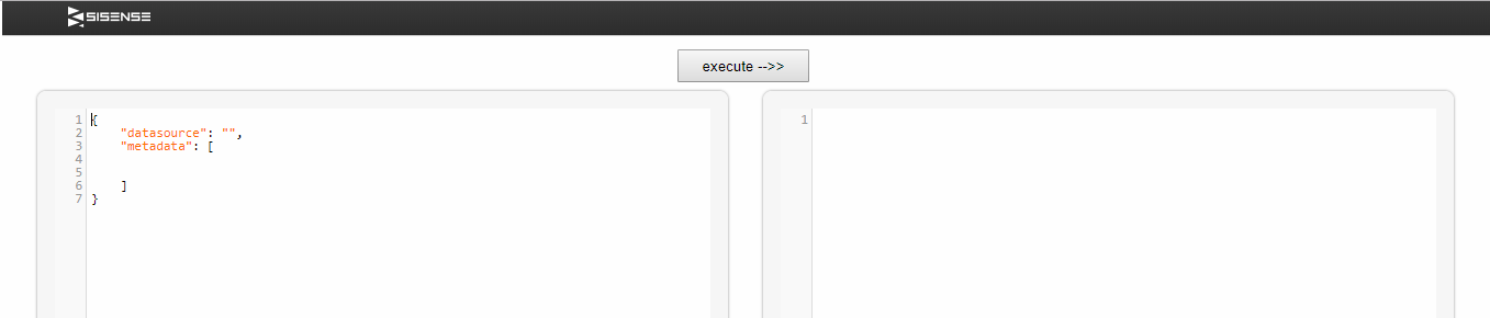 Sisense JAQL editor UI with a query pane on the left and a JSON results pane on the right