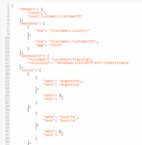 JAQL editor results pane showing the aggregated query result in JSON format