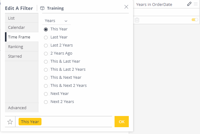 Edit button on the OrderDate dashboard filter