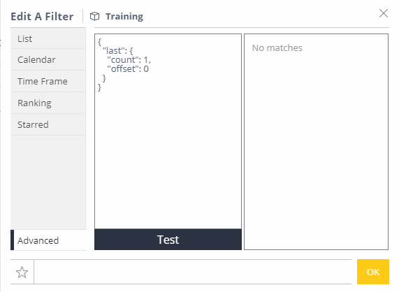 Advanced tab of the filter showing the underlying JAQL with the "last" keyword