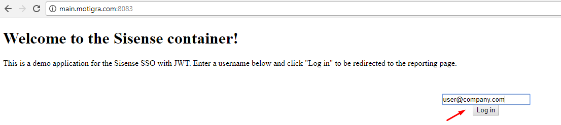 Login page of the sample host application with username and Log in button