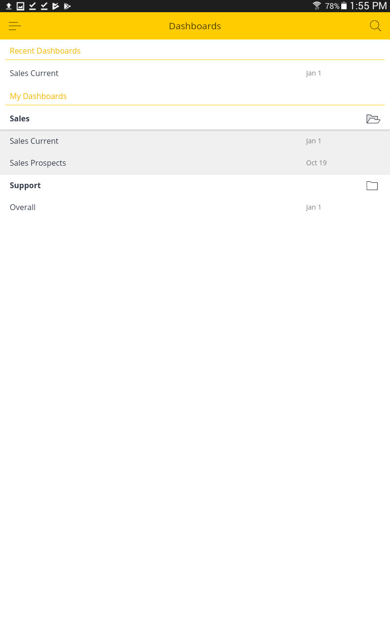Sisense Mobile homepage showing the dashboard list