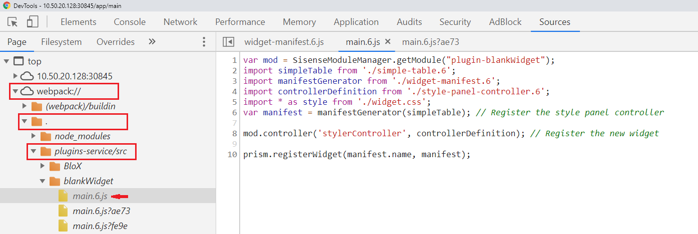 Browser developer console showing the unminified Add-on source files
