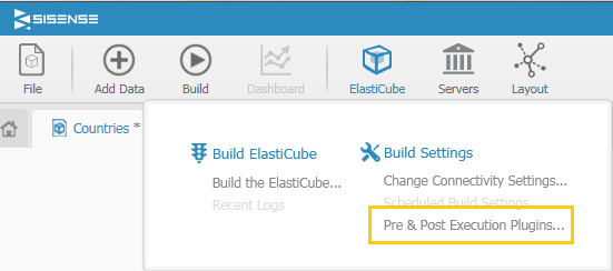 ElastiCube Manager menu showing the Pre & Post Execution Plugins option