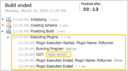 ElastiCube build log showing the Python plugin result